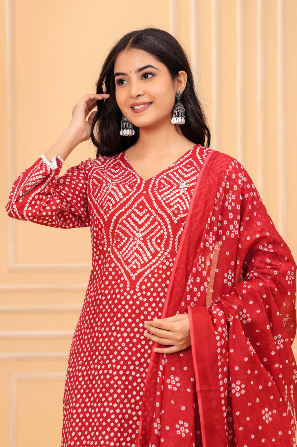 Women's Red Bandhani Print Cotton Kurta Pant with Dupatta Set | Ethnic Wear