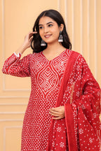 Women's Red Bandhani Print Cotton Kurta Pant with Dupatta Set | Ethnic Wear