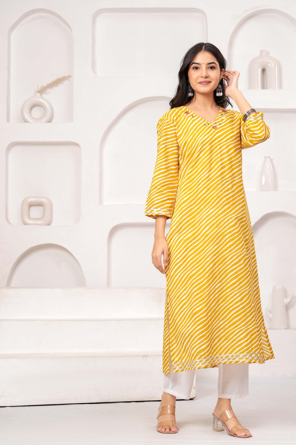 Mustard Yellow Printed Straight Kurta with V-Neck