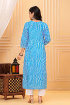 Blue Printed Straight Kurta with Round Neck