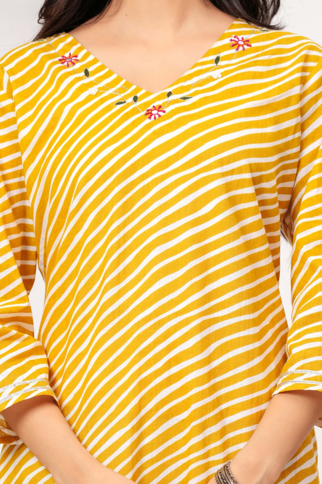 Mustard Yellow Printed Straight Kurta with V-Neck