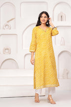 Mustard Yellow Printed Straight Kurta with V-Neck