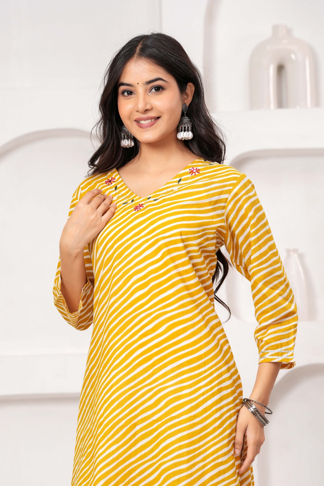 Mustard Yellow Printed Straight Kurta with V-Neck