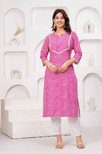 Pink & White Printed Straight Kurta with Embellished Neckline