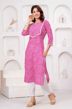 Pink & White Printed Straight Kurta with Embellished Neckline