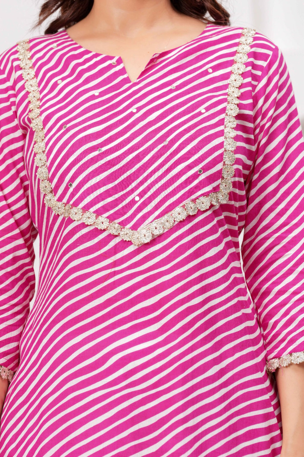 Pink & White Printed Straight Kurta with Embellished Neckline