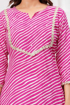 Pink & White Printed Straight Kurta with Embellished Neckline