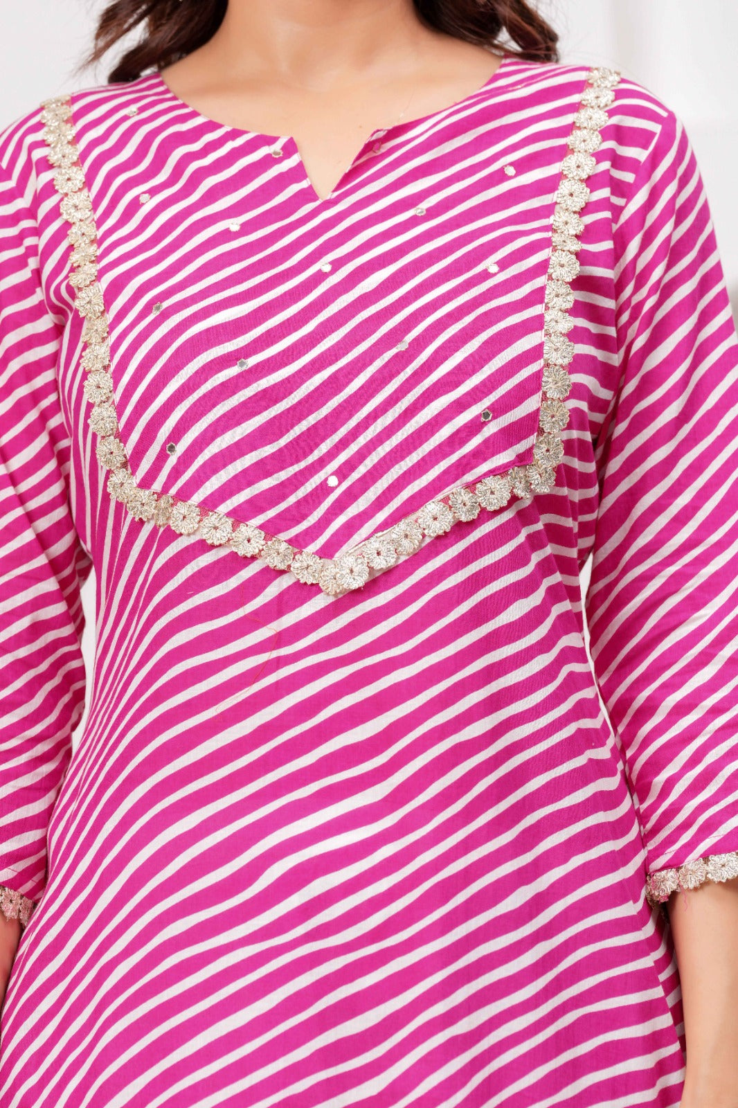 Pink & White Printed Straight Kurta with Embellished Neckline