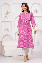 Pink & White Printed Straight Kurta with Embellished Neckline