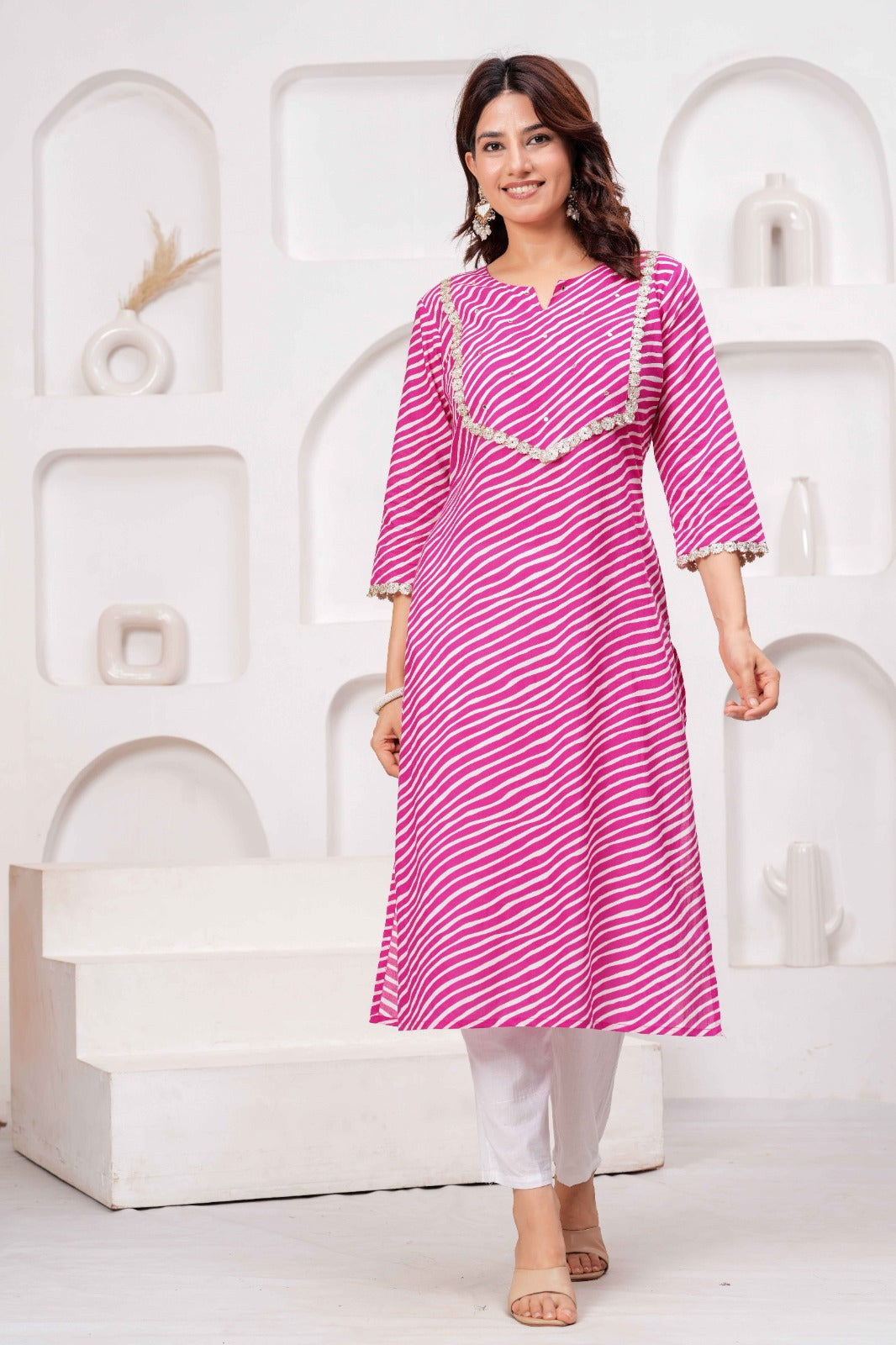 Pink & White Printed Straight Kurta with Embellished Neckline
