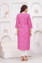 Pink & White Printed Straight Kurta with Embellished Neckline