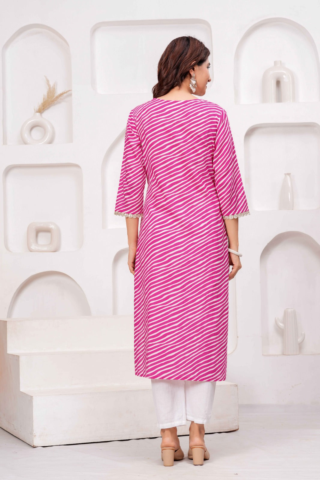 Pink & White Printed Straight Kurta with Embellished Neckline