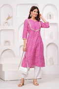 Pink & White Printed Straight Kurta with Embellished Neckline