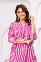 Pink & White Printed Straight Kurta with Embellished Neckline