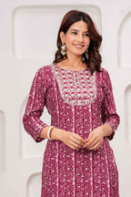 Maroon Printed Straight Kurta with Round Neck