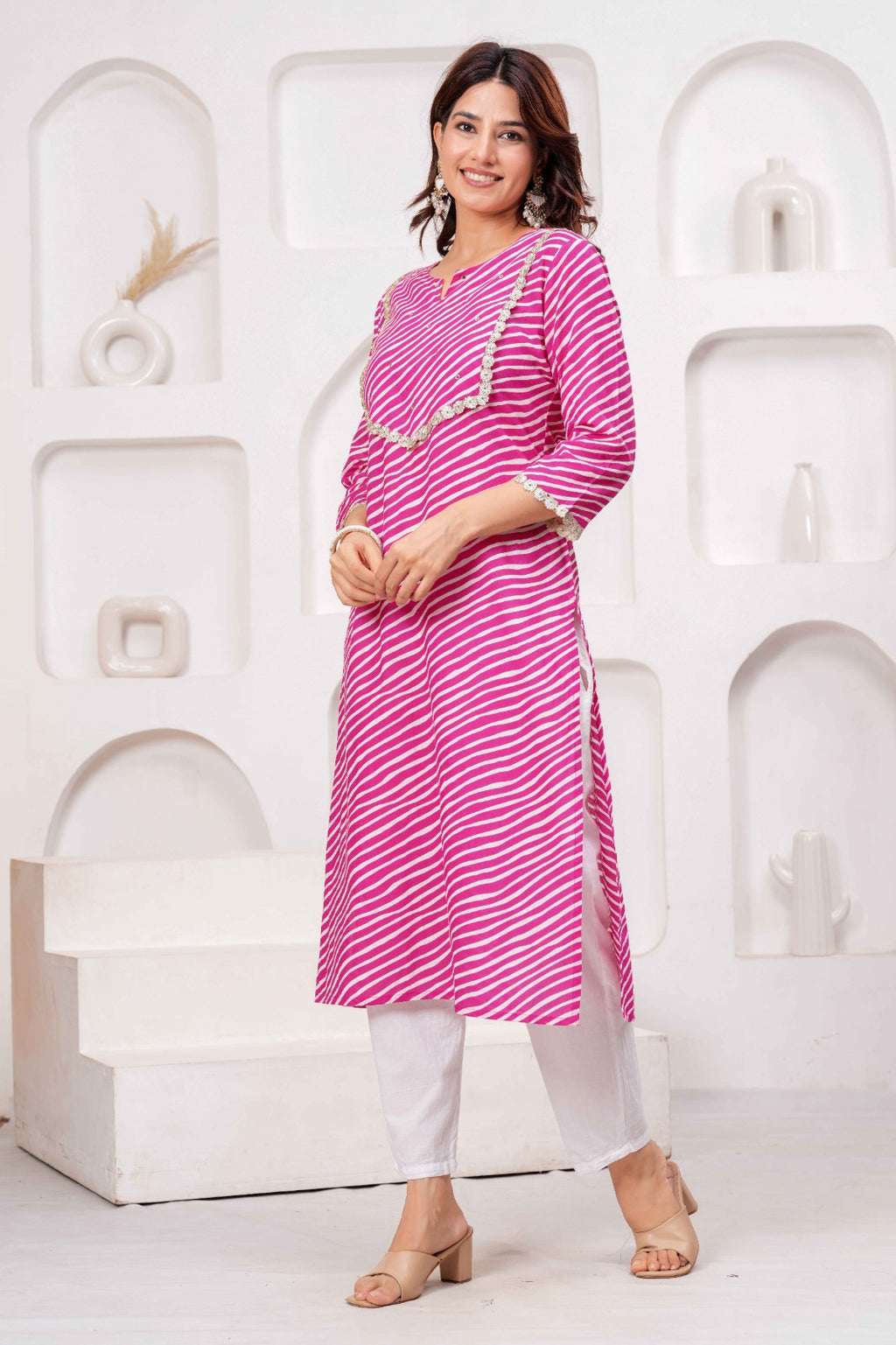 Pink & White Printed Straight Kurta with Embellished Neckline