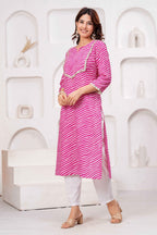 Pink & White Printed Straight Kurta with Embellished Neckline