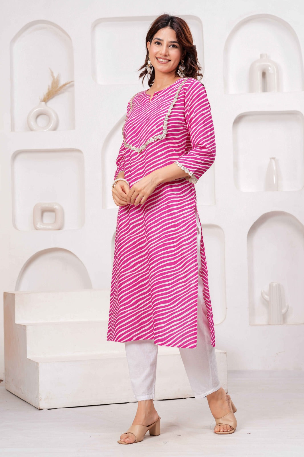 Pink & White Printed Straight Kurta with Embellished Neckline