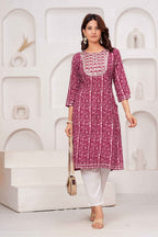 Maroon Printed Straight Kurta with Round Neck