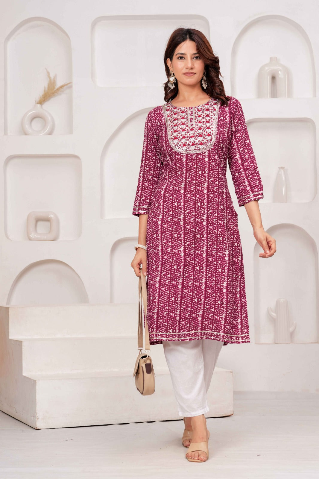 Maroon Printed Straight Kurta with Round Neck