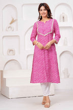 Pink & White Printed Straight Kurta with Embellished Neckline