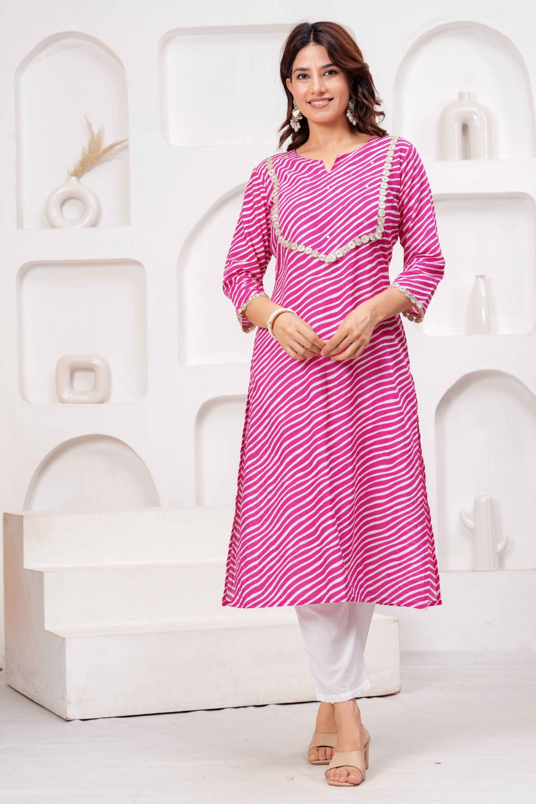 Pink & White Printed Straight Kurta with Embellished Neckline
