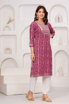 Maroon Printed Straight Kurta with Round Neck