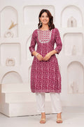 Maroon Printed Straight Kurta with Round Neck