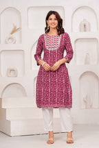 Maroon Printed Straight Kurta with Round Neck