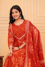 Orange Printed Ethnic Kurta Pant & Dupatta Set with Traditional Floral Print