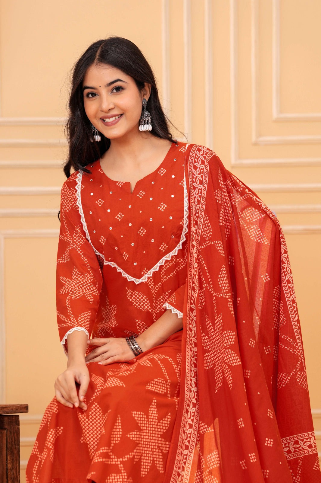 Orange Printed Ethnic Kurta Pant & Dupatta Set with Traditional Floral Print