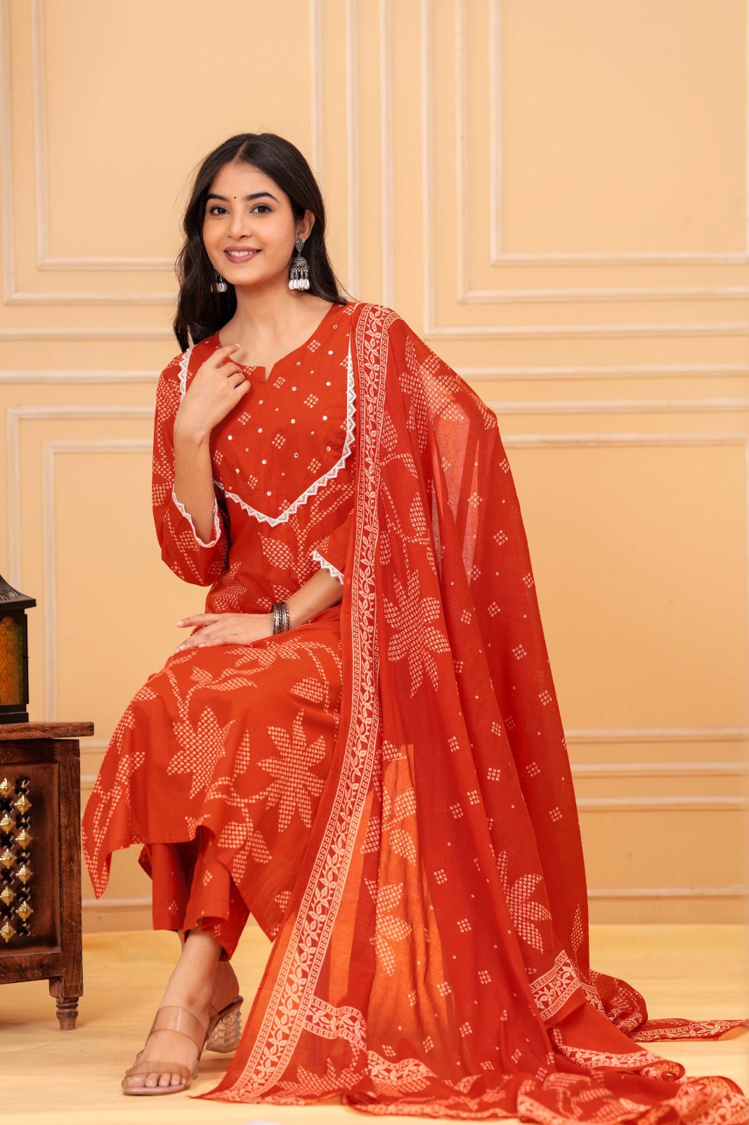 Orange Printed Ethnic Kurta Pant & Dupatta Set with Traditional Floral Print