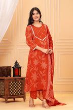 Orange Printed Ethnic Kurta Pant & Dupatta Set with Traditional Floral Print