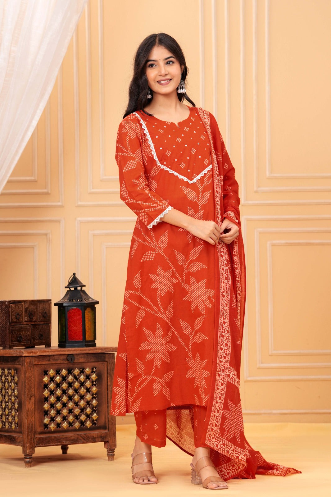 Orange Printed Ethnic Kurta Pant & Dupatta Set with Traditional Floral Print