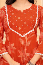 Orange Printed Ethnic Kurta Pant & Dupatta Set with Traditional Floral Print