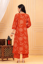 Orange Printed Ethnic Kurta Pant & Dupatta Set with Traditional Floral Print