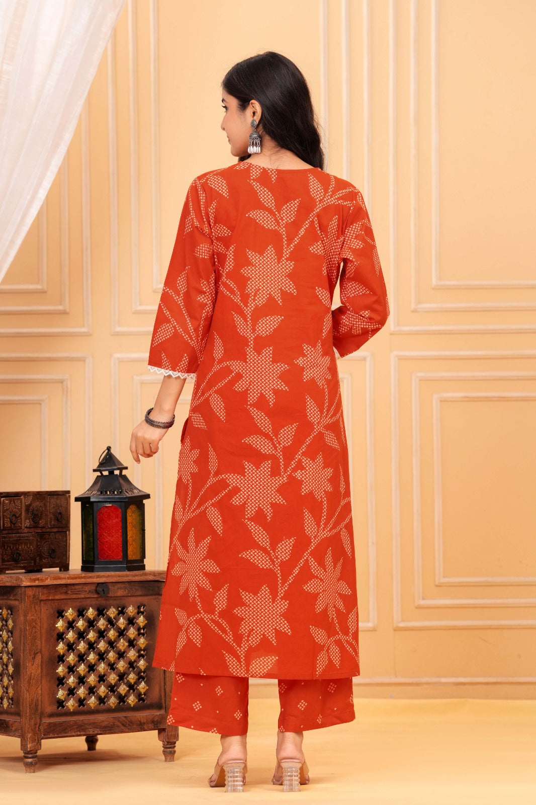 Orange Printed Ethnic Kurta Pant & Dupatta Set with Traditional Floral Print