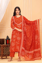 Orange Printed Ethnic Kurta Pant & Dupatta Set with Traditional Floral Print