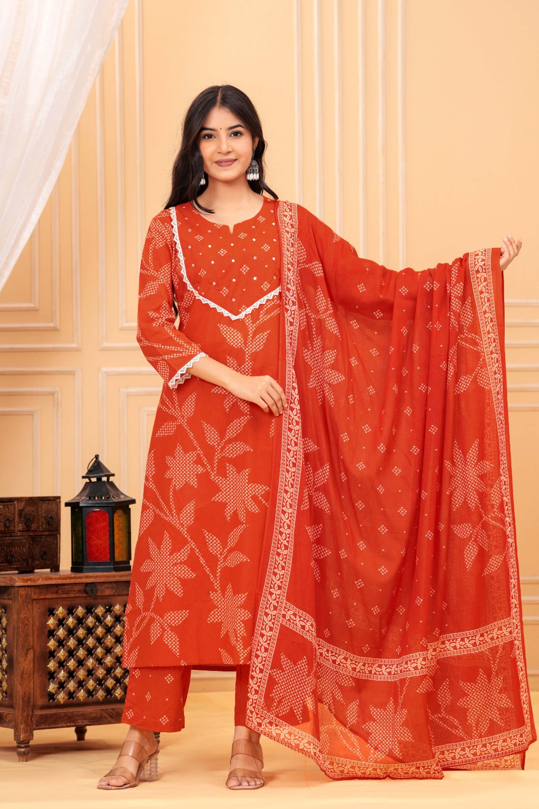 Orange Printed Ethnic Kurta Pant & Dupatta Set with Traditional Floral Print