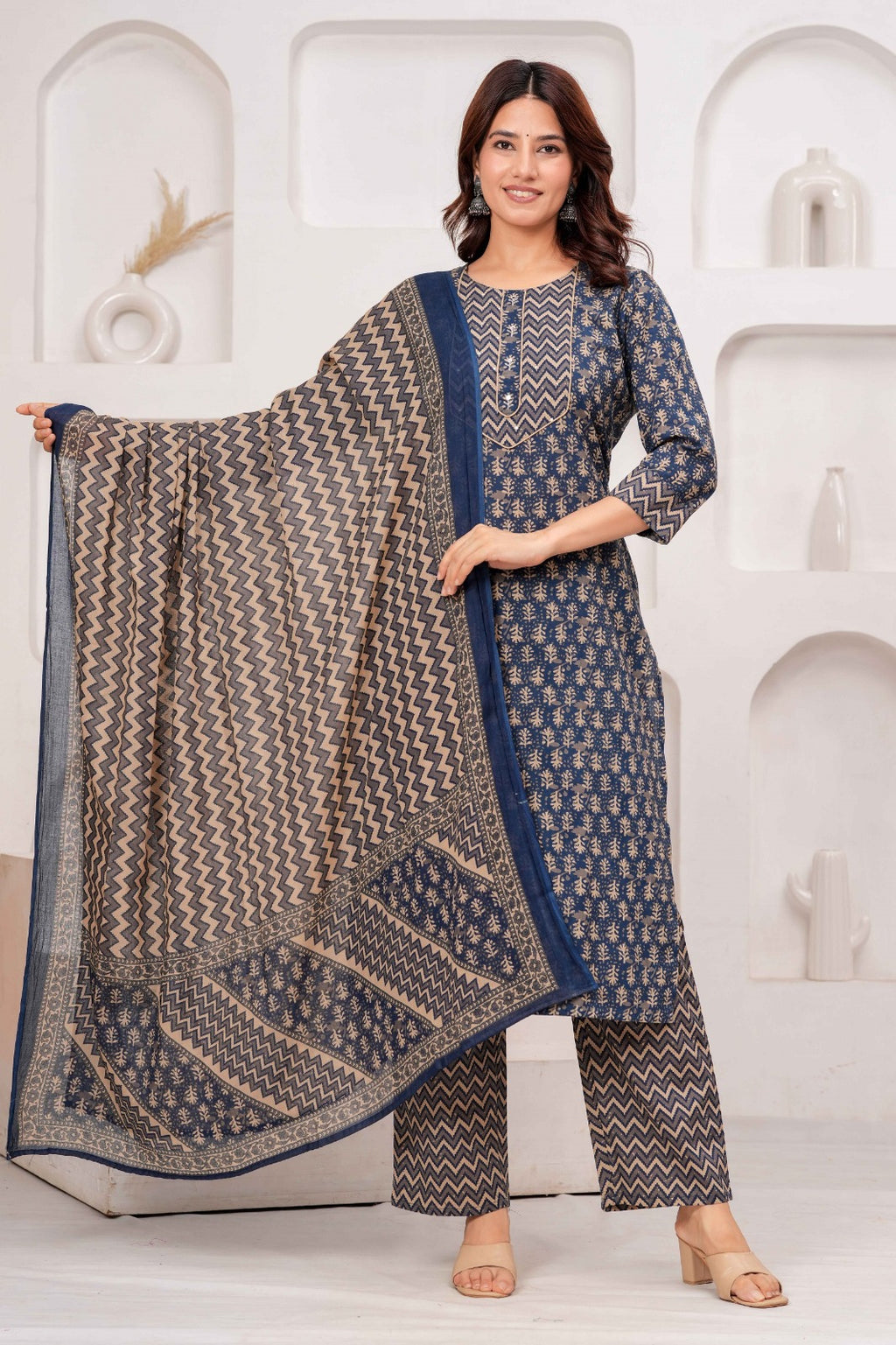 Navy Blue Printed Kurta Pant Dupatta Set with 3/4 Sleeves