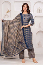 Navy Blue Printed Kurta Pant Dupatta Set with 3/4 Sleeves