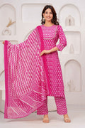 Pink Printed Kurta Pant Dupatta Set with 3/4 Sleeve