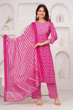 Pink Printed Kurta Pant Dupatta Set with 3/4 Sleeve