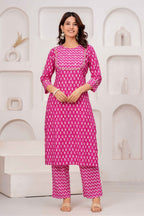 Pink Printed Kurta Pant Dupatta Set with 3/4 Sleeve
