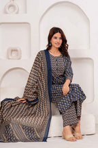 Navy Blue Printed Kurta Pant Dupatta Set with 3/4 Sleeves