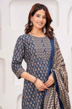 Navy Blue Printed Kurta Pant Dupatta Set with 3/4 Sleeves