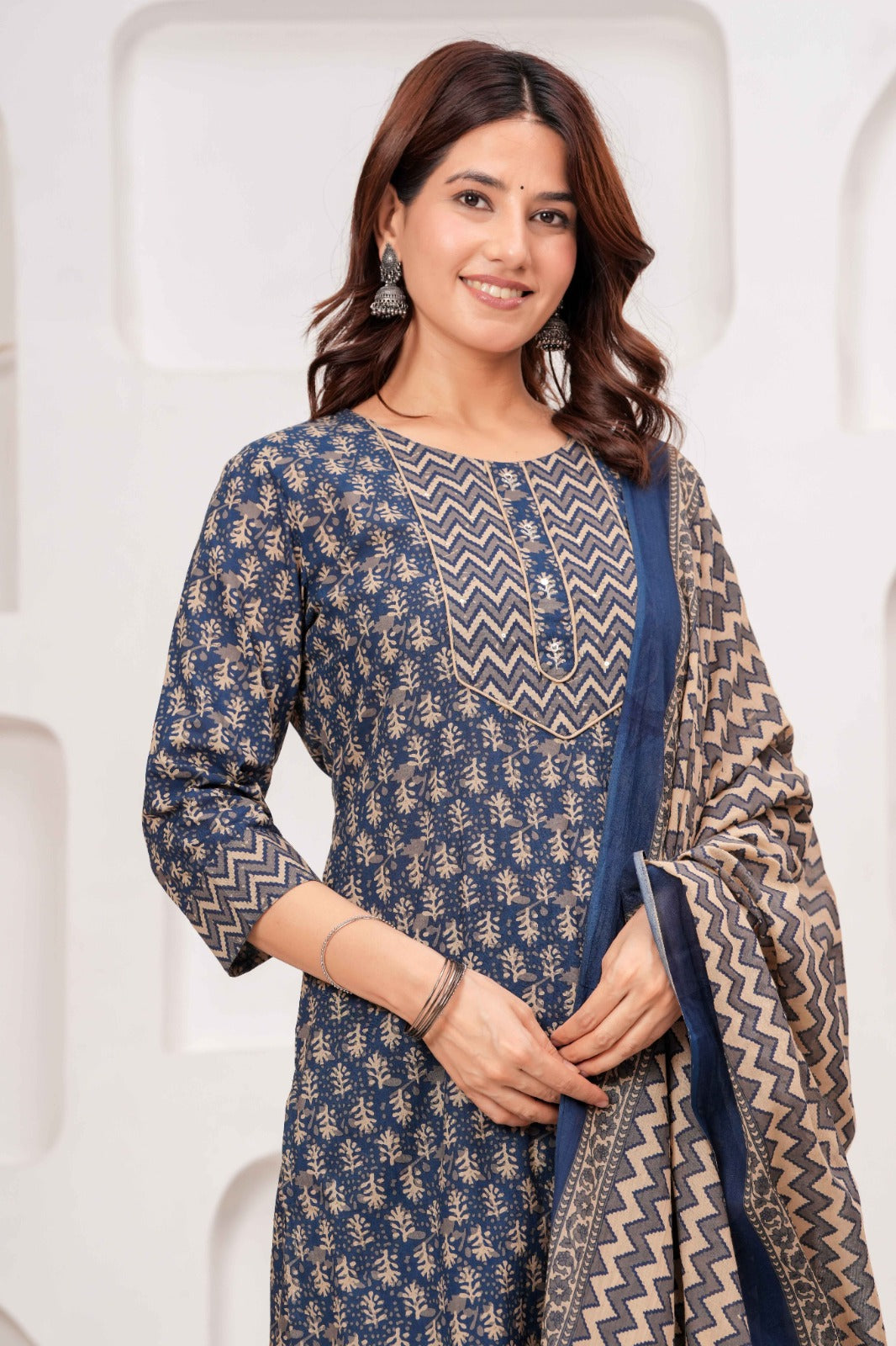 Navy Blue Printed Kurta Pant Dupatta Set with 3/4 Sleeves
