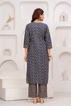 Navy Blue Printed Kurta Pant Dupatta Set with 3/4 Sleeves