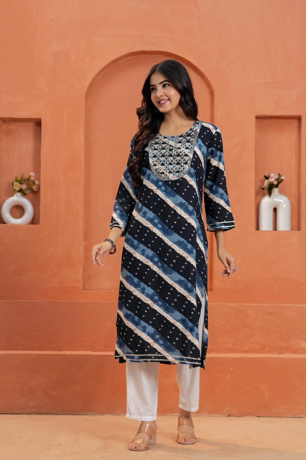Printed Straight Kurta with White Pant | 3/4 Sleeve Ethnic Kurta Set