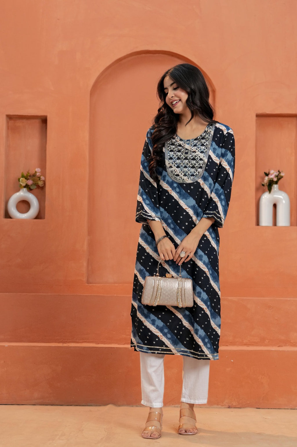 Printed Straight Kurta with White Pant | 3/4 Sleeve Ethnic Kurta Set